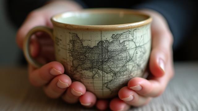 注文制作の地図が描かれた陶器のカップ
