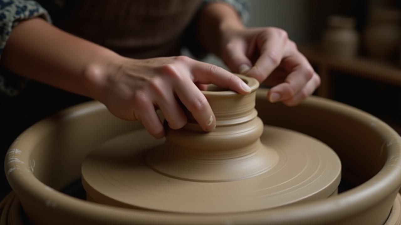 職人の手が粘土を轆轤で成形している様子