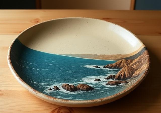 北海道の海岸線が描かれた厚手の陶器製大皿
