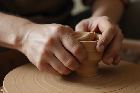 ろくろで粘土を成形する手元